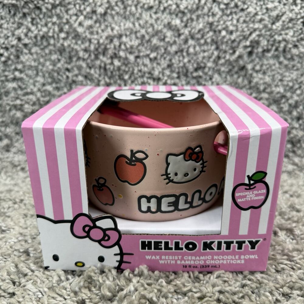 Sanrio Hello Kitty Ceramic Noodle Bowl With Chopsticks And Spoon Pink Brand New